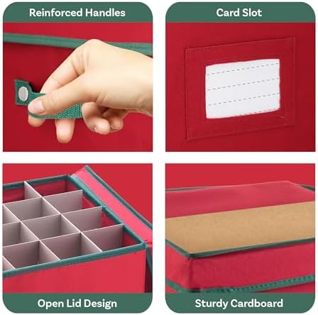 Christmas Decor Storage Box - Red Oxford Canvas Ornament Cube Chest With 64 Compartment Dividers, Riveted Handles, and Lid by Elf Stor