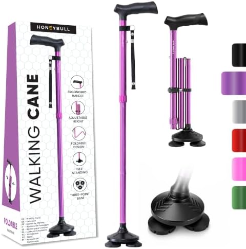 HONEYBULL Walking Cane for Men & Women, Foldable Free Standing Cane | Adjustable height, collapsible design, heavy-duty, pivot base for stable support, ergonomic handle