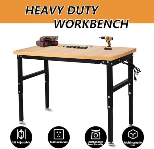 48'' Adjustable Workbench with Power Outlet, Work Table for Garage, 2000 Lbs Capacity Hardwood Workbench