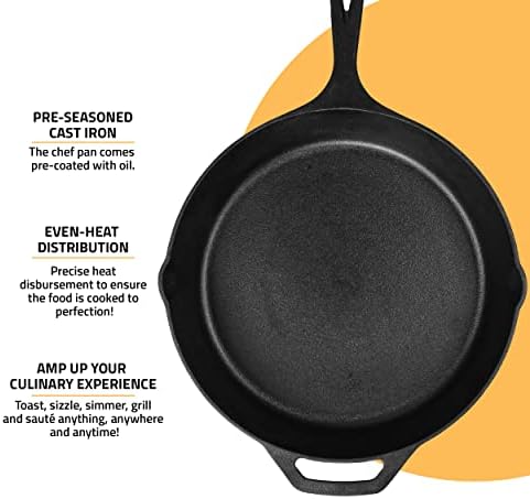 Utopia Kitchen Cast Iron Skillet 12 Inch Pre-Seasoned PFAS-Free Black | Chef Pan, Even Heat Distribution, Stovetop, Oven, Campfire and Grill Safe, Large Skillet, Indoor Outdoor Use