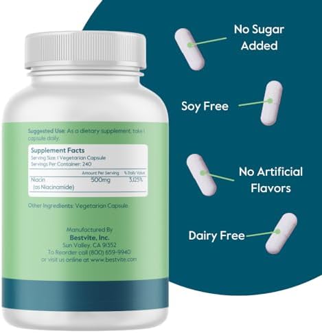 BESTVITE Filler-Free Niacinamide 500mg (240 Veg Caps) - Flush Free VIT B-3 | No Stearates - Vegan - Non GMO - Gluten Free - Non-Flushing Vitamin B3