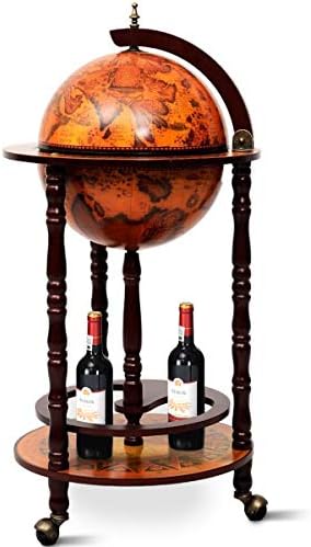FANTASK 17” Globe Wine Bar Stand Cart, 16th Century Italian Replica Storage Shelf w/Wheels & Bottom Shelf
