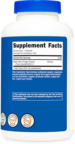 Nutricost Apple Cider Vinegar Capsules 500mg, 240 Vegetarian Capsules | Natural, GMO-Free and Gluten Free