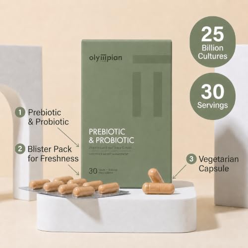 Olympian Labs Complete Prebiotic and Probiotic Supplement - 25 Billion Live Shelf Stable Cultures - 30 Vegetarian Capsules, Helps Restore the Natural Balance Within the Digestive Tract.
