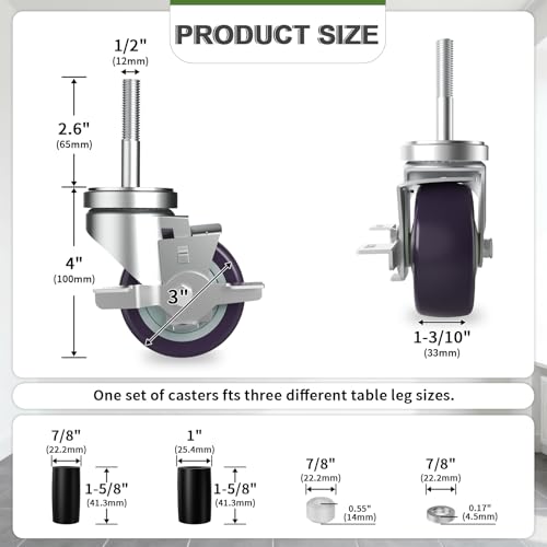 4 Inch Expanding Stem Caster Set of 4 for Stainless Steel Table
