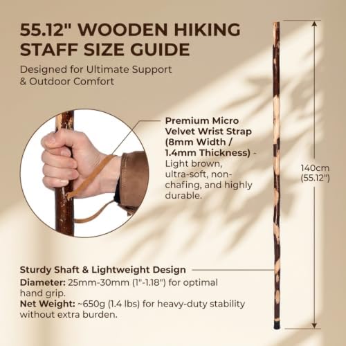 FOREST PILOT Handcrafted Nature Wood Hiking Stick 55 Inches Long - with Hand Strap and Rubber Tip Cover - Transparent Waterproof Painting Coating