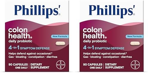 Phillips' Colon Health Daily Probiotic Capsules, 4-in-1 Symptom Defense to Help Defend Against Occasional Gas, Bloating, Constipation, and Diarrhea, Daily Supplement, 90 Count