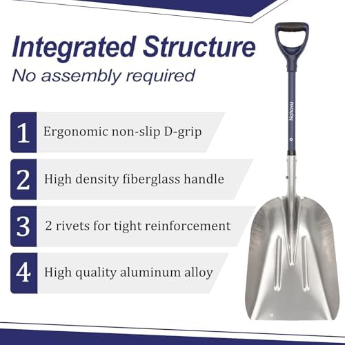 Nohovu Aluminum Snow Shovel - Large Capacity Driveway Snow Removal Tool, Fiberglass D-Handle, 45 Inch Blade