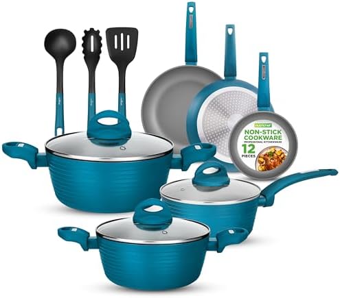 NutriChef Professional 12-Piece Nonstick Cookware - PFOA/PFOS-Free, Heat Resistant Lacquer, Elegant Design, Multi-Sized Pots and Pans, Teal/Gray/Green