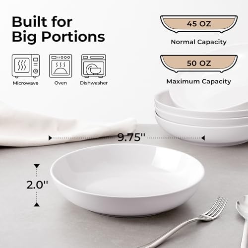 Y YHY 9.75" Large Pasta Bowls, 50 Ounces Big Salad Bowls, Ceramic Serving Bowl Set of 4, Wide and Shallow Bowls Set, Microwave and Dishwasher Safe, White