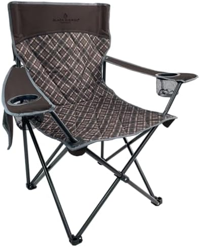 Black Sierra Quilted Padded Camping Chair, Oversized Heavy Duty Outdoor Lounge Seat Supports 300 lbs, Portable, Folding with Cup Holder for Beach, Tailgating, Sports, Patio