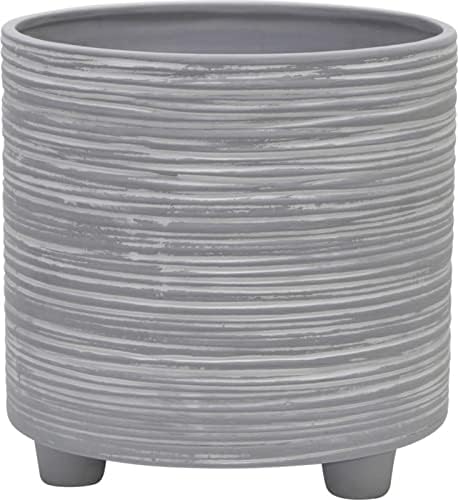 Set of 2 Footed Planters with Ridged Lines Accent – Ceramic Stoneware Outdoor & Indoor Plant Pot – Modern Garden & Home Decor Ceramic Planters
