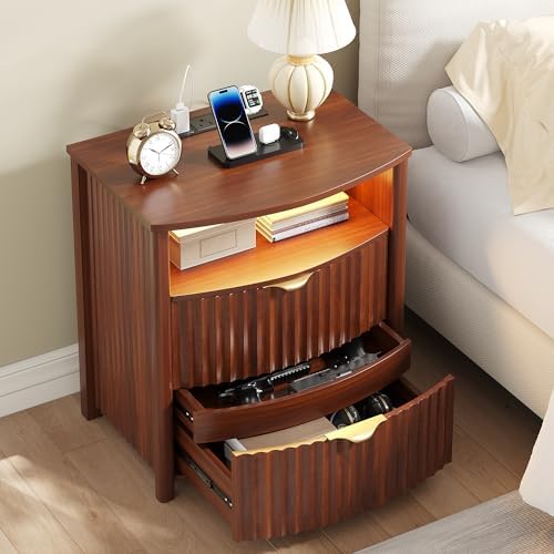 Dystler Fluted LED Night Stand with Hidden Gun Drawer & Charging | 19.7" W Curved Smart Bedside Table, 3-Color LED lights, 2 Drawers, Nightstand with Card-Lock, End Table for Bedroom, Walnut
