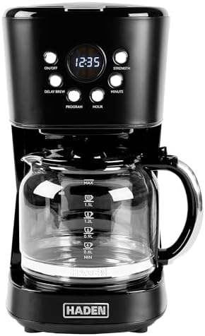 HADEN 12-Cup Programmable Coffee Maker for Home or Office, Putty & Chrome – Drip Brewer Machine with Brew Strength, Delay Brewing