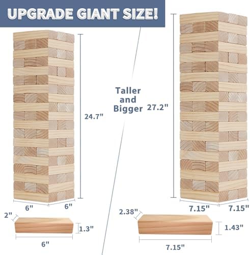 Megwoz Giant Tumble Tower Games for Kids and Adults 57 Blocks New Zealand Pine Wooden Blocks Stacking to Over 4.2FT Family Game for Indoors Outdoors