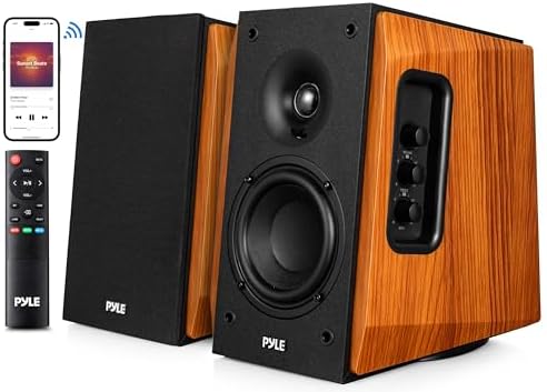 Pyle Powered Bookshelf Speaker System with Bluetooth, 80W Active Stereo Speakers, Bass Reflex Natural Wood Cabinet, Hi Def ARC, Optical, Coax, Subwoofer Out, for Entertainment, Studio (Pair)