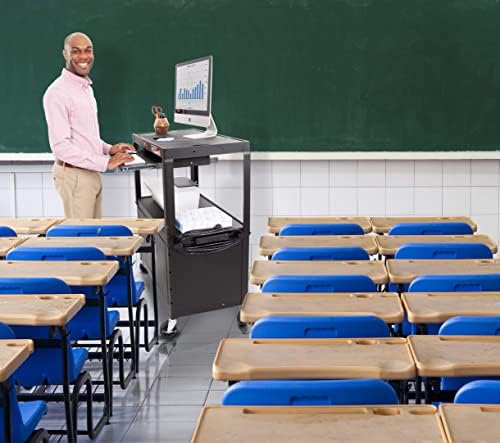 Line Leader AV Cart w/Locking Cabinet, Black Metal Utility Cart with Storage Shelf - Height Adjustable, Mobile and Great for Offices, Classrooms, Libraries (Black, 24in x 18in)