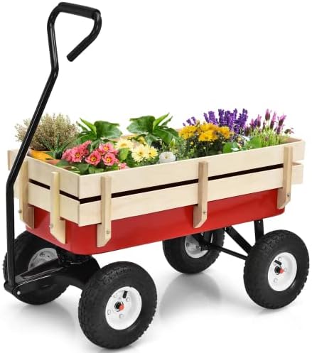 ReunionG Garden Cart with Free-Rotating Wood Railing, Kids Outdoor Wagon with Rubber Wheels, All Terrain Cargo Wagon with 330lbs Weight Capacity, Red