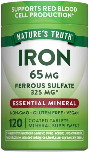 Nature's Truth Iron Supplement | 65mg | 120 Tablets | 325mg Ferrous Sulfate | Vegan, Non-GMO & Gluten Free Pills