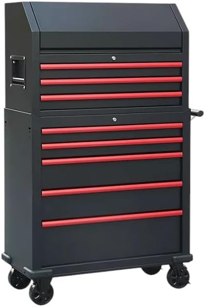 Heavy Duty 36" 8-Drawer Tool Chest and Cabinet Combo, Black with Red Accents, Rolling Casters
