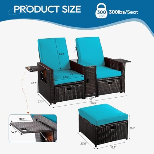 5PCS Outdoor Wicker Chaise Lounge Chair - Rattan Adjustable Reclining Patio Lounge Chair with Ottoman and Coffee Table