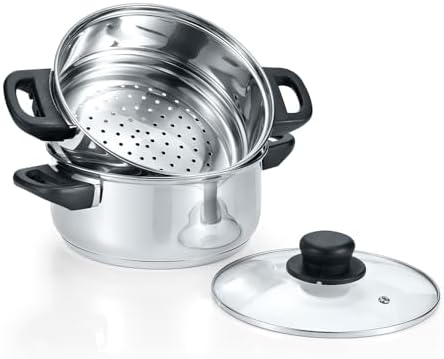 CONCORD 3 Quart Stainless Steel 3 Piece Steamer Cookware Set. Features 2 Quart Veggie Steamer and 3 Quart Cooking Pot with tempered glass lid.