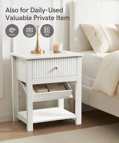 Nightstand with Gun Drawer White Bedside Table Hidden Compartment | Modern Farmhouse Side Table, Handgun Safe for Wood End Table, Open Shelf Storage