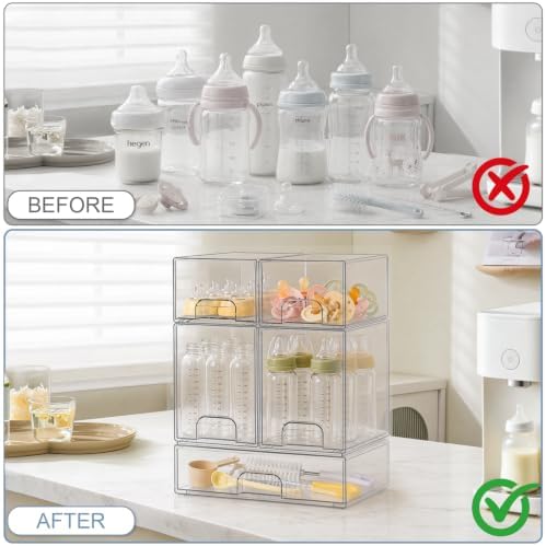 QRRICA Baby Bottle Organizer for Countertop, 5-Piece Stackable Clear Acrylic Storage with Non-Slip Pads & Handles – Large Capacity for Kitchen