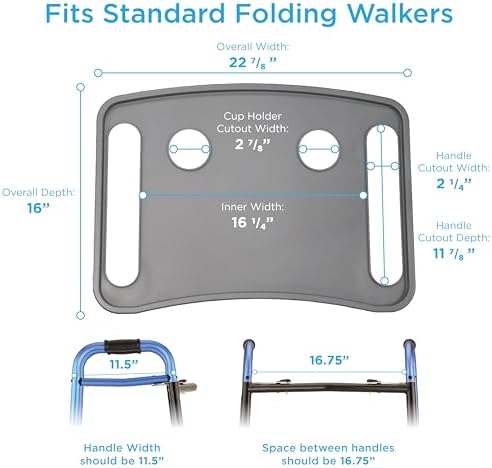 NOVA Walker Tray Table with Spill-Proof Raised Edges and Two Cup Holders and for Seniors, Standard Folding Walker Accessory, 16 x 23 Inch