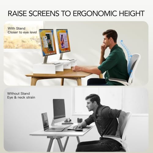AMERIERGO Dual Monitor Stand Riser- 3 Shelf Screen Stand with Adjustable Length and Angle, 2 Extra Functional Slot Desktop Organizer Stand for PC