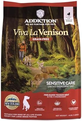 Addiction Viva La Venison Dog Food – Grain-Free Dry Dog Food with Novel Protein & Prebiotics, No Chicken, Beef, or Turkey – Ideal for All Dogs & Puppies – Made in New Zealand 4lb