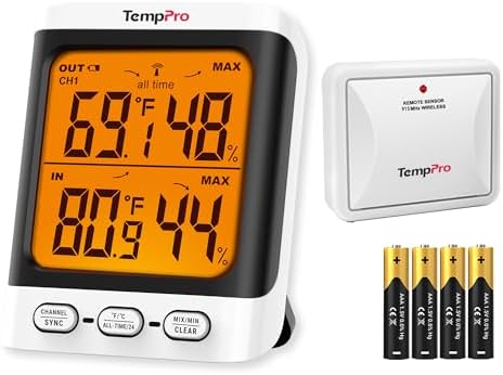 TempPro TempAir 500 FT Indoor Outdoor Thermometer Wireless with Sensor | 3.3" LCD Backlit Display, Front Button