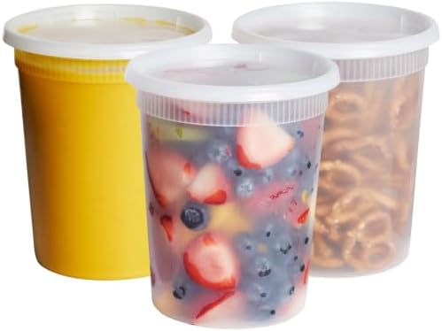GUSTO 32 oz Plastic Deli Containers with Lids [24 Sets] Food Storage | Microwave, Dishwasher & Freezer Safe, Disposable or Reusable, BPA Free, Leak-Proof, Soups, Takeout, Meal Prep & Leftovers