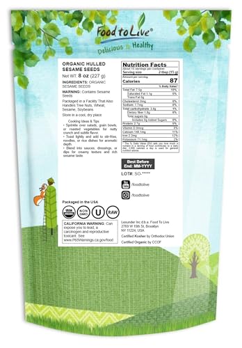 Food to Live Organic Hulled Sesame Seeds, 2 Pounds – Whole Raw White Sesame Seeds, Non-GMO, Kosher, Vegan, Unroasted, Bulk. High in Iron, and Calcium. Perfect for Tahini Paste, Stir-fries, and Salads.