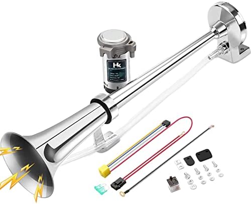 HK 12V 150db Air Horn, 18 Inches Chrome Zinc Single Trumpet Truck Air Horn with Compressor Powerful Loud 150db for Truck Boat SUV Train (Sliver)