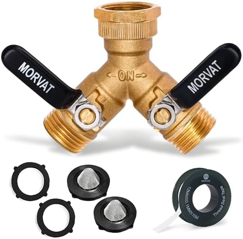 Brass Heavy-Duty Garden Hose Water Splitter | LEAD-FREE 2-Way Y Splitter for Water Spigot & Faucet | Manifold Connector ON/OFF Valves w/Improved Comfort Grip, 3 Extra Washers & Teflon Tape
