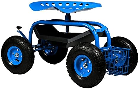Sunnydaze Rolling Garden Cart with Seat - Garden Stool with Wheels and Adjustable 360-Degree Swivel Seat - Utility Tool Tray and Storage Basket - Green