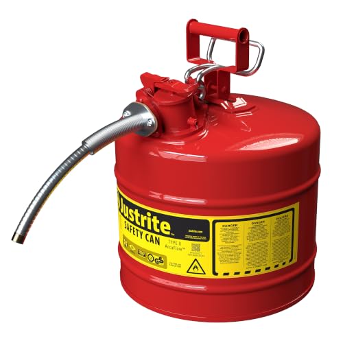 Justrite Type II Gasoline Safety Can, Red Galvanized Steel, FM Approved | Flammable Liquid Storage Can with Controlled Pouring, 5 Gallon Capacity