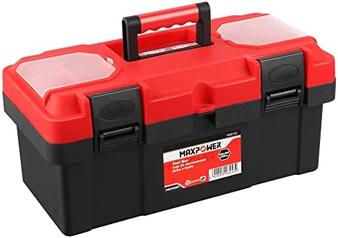 MAXPOWER Small Tool Box, 14-inch Plastic Tool Boxes with Handle | Removable Tray with Dual Lock Secured, Red Toolbox for Home