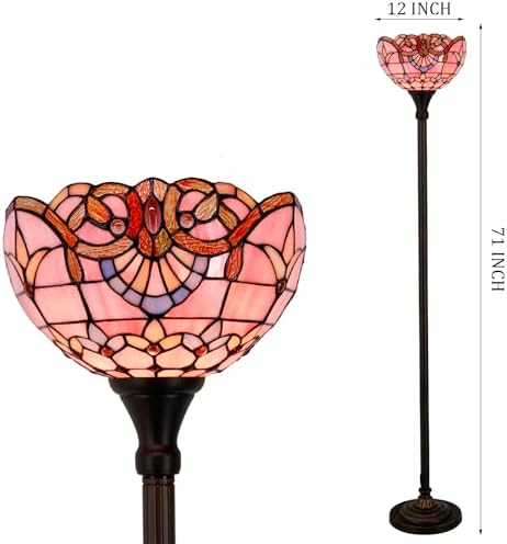 WERFACTORY Tiffany Floor Lamp Pink Baroque Stained Glass Torchiere Light | 12X12X71 Inches Pole Standing Corner Torch Uplight Decor Bedroom Living