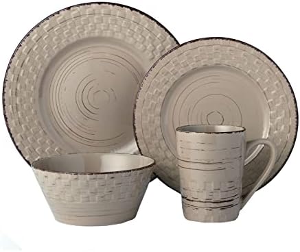 Lorren Home Trends Distressed Weave Dinnerware Set, Buttercup, 16 Piece | Service for 4
