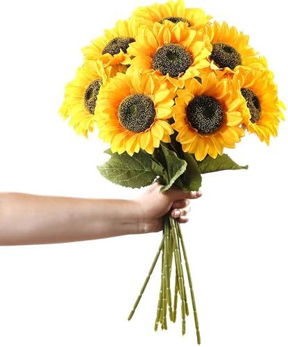 Laelfe Artificial Sunflower Flowers Long Stem Silk Fake Large Sunflowers Decoration for Outdoor Home Wedding Baby Shower Birthday Party Single Bulk