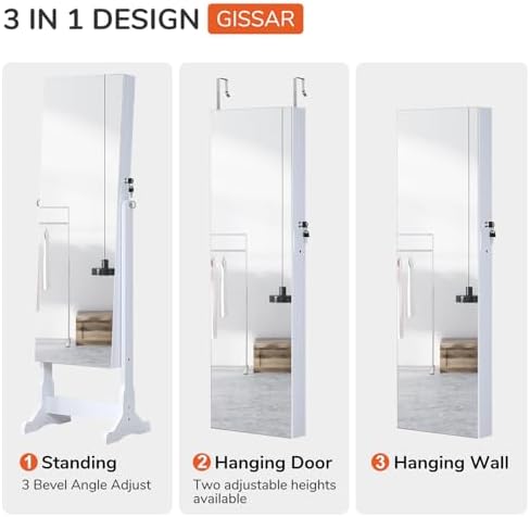 GISSAR Jewelry Organizer Full Length Mirror Jewelry Cabinet Standing/Wall/Hanging Door Jewelry Armoire Storage with Lights, Lockable, White