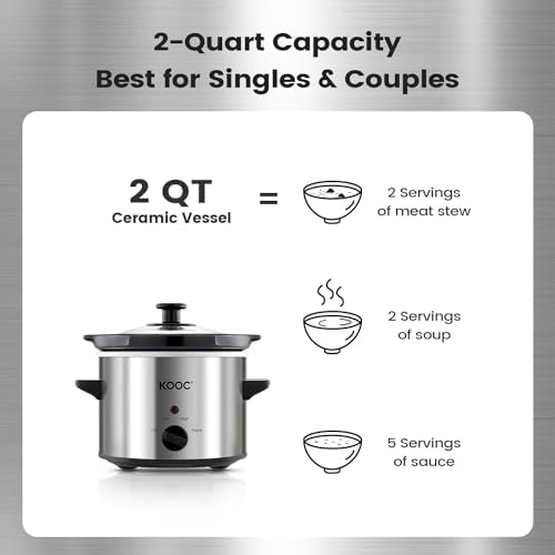KOOC Small Slow Cooker, 2-Quart, Free Liners Included for Easy Clean-up, Upgraded Ceramic pot, Adjustable Temp, Nutrient Loss Reduction