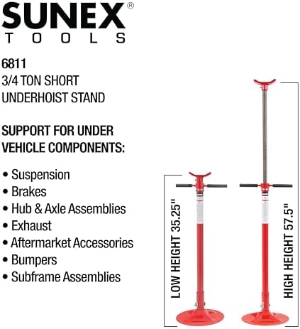 SUNEX TOOLS 6810A, Underhoist Support Stand with Foot Pedal, ¾ Ton Capacity, Large Base, Bearing Mounted Spin Handle, Height Adjustment Under Load, Lightweight, Supports Vehicle Components Only