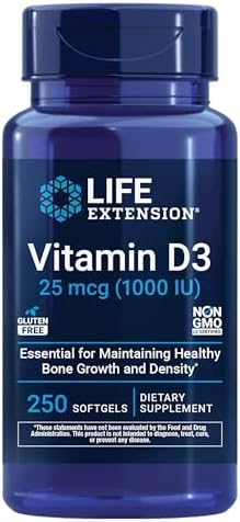 Life Extension Vitamin D3 25 mcg (1000 IU), Immune System Support, Bone Health, Whole-Body Health, Value Size, Gluten-Free, Non-GMO, 250 softgels | Bone Health, Cognitive Health & Immune System Support, Gluten-Free & Non-GMO, Once Daily for a Two-Month S…