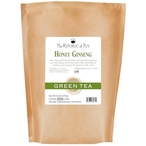 The Republic of Tea Daily Green Honey Ginseng Green Tea, 50 Count | Low Caffeine. A gentle cup for everyday sipping. Fresh with light vegetal notes. Gluten Free and Carb Free.
