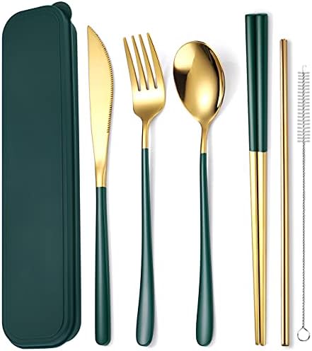AARAINBOW 6 Pieces 18/8 Stainless Steel Flatware Set Portable Reusable Cutlery Set Travel Utensils Set Including Chopsticks Knife Fork Spoon Straws