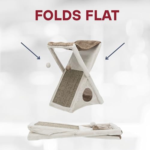 TRIXIE Miguel Fold and Store Cat Hammock, Indoor Cat Furniture with Dangling Toys, Scratching Pad, and Cave, Taupe/Light Gray