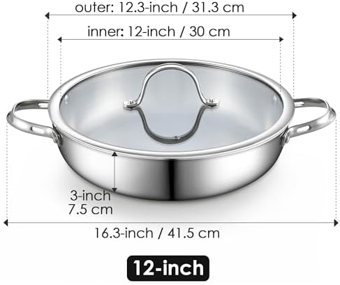 Cooks Standard Classic 12-Inch Stainless Steel Wok Stir Fry Pan with Glass Lid, 30cm Everyday Chef's Pan with Two Side Handles, Induction Compatible Cookware, Dishwasher & Oven Safe